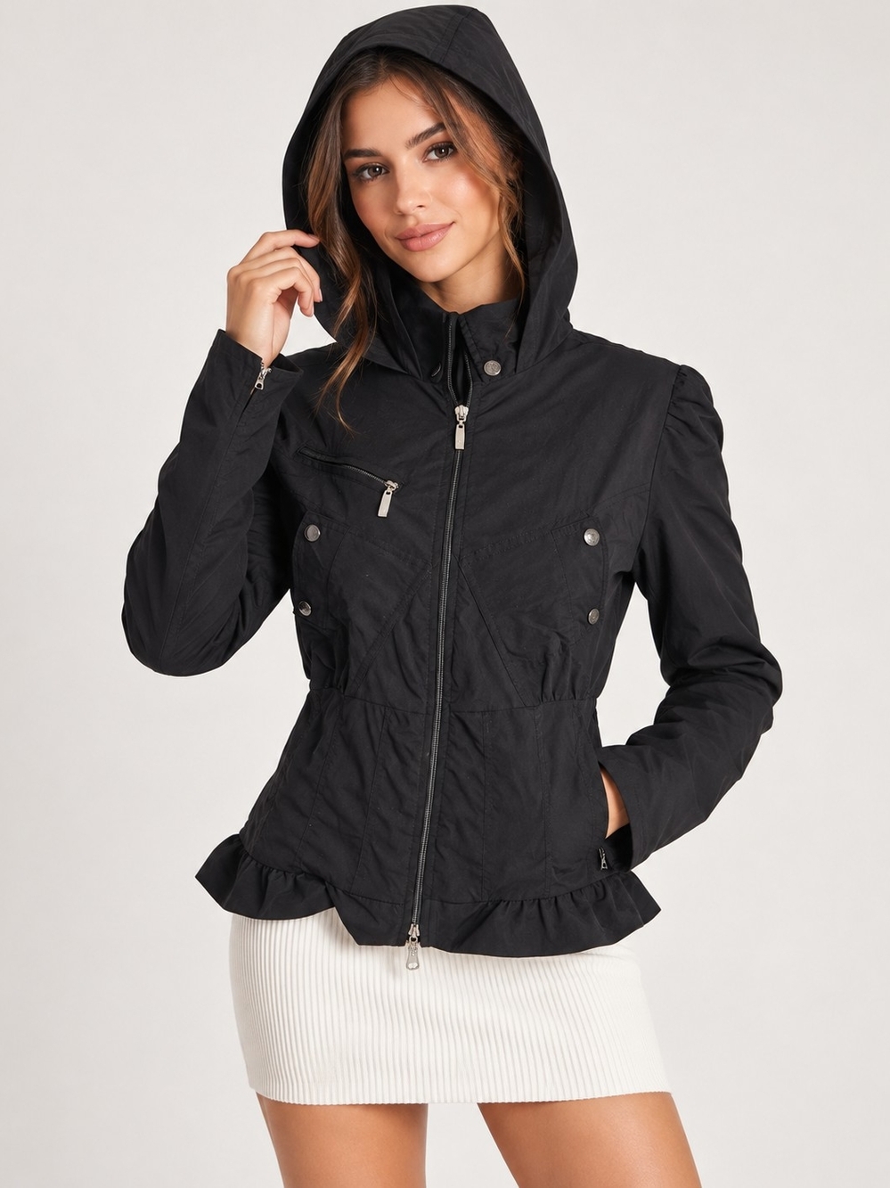 Anatomie Black Hooded Utility Jacket with Ruffle Hem